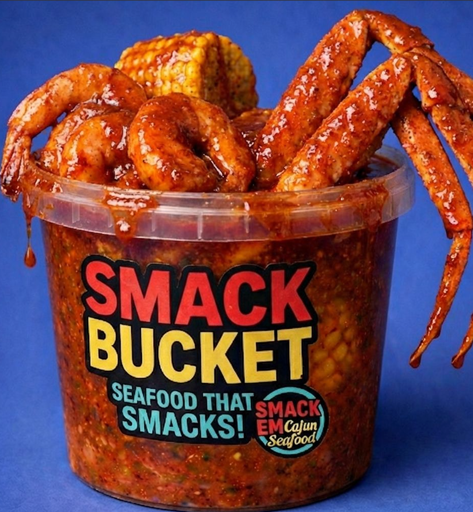 Smack Bucket filled with seasoned crab, shrimp, corn, and potatoes